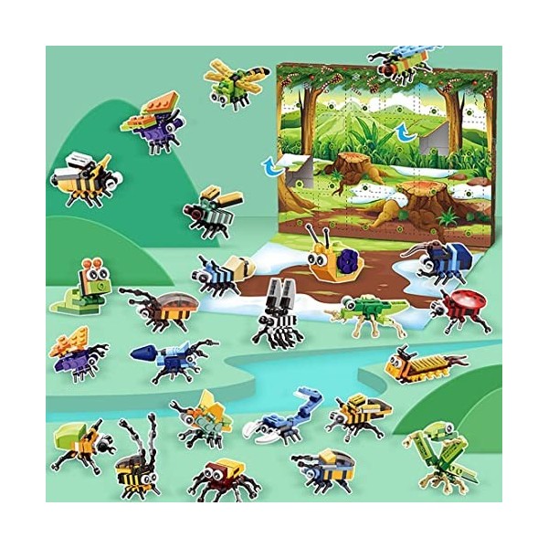 Calendrier de lAvent 2023 - Calendrier de Noël pour enfants - 24 pièces - Blocs danimaux - Modèle insecte - Kit de modélisa