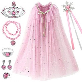 TOPJOWGA Cape Princesse Déguisement Fille, 7 Pièces Costume de Princesse pour Fille, Cape Princesse, Couronne, Baguette, Coll