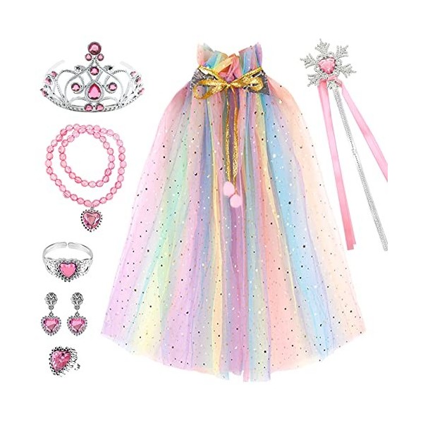 TOPJOWGA Cape Princesse Déguisement Fille, 7 Pièces Costume de Princesse pour Fille, Cape Princesse, Couronne, Baguette, Coll