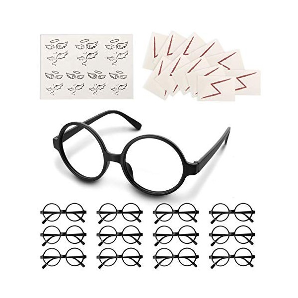 LIHAO Lot de 50pcs Accessoires en Thème Harry Potter,12 Lunettes Rondes de Magie Noire pas de Lentills avec Tatouages à Éclai