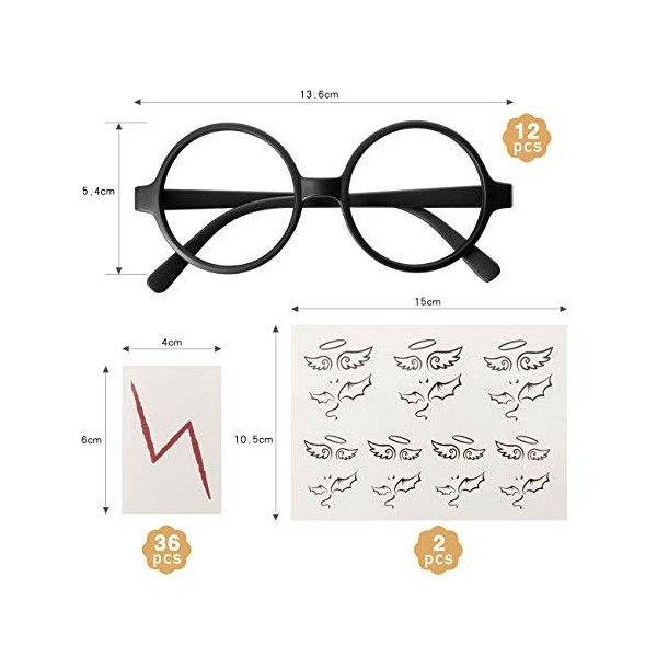 LIHAO Lot de 50pcs Accessoires en Thème Harry Potter,12 Lunettes Rondes de Magie Noire pas de Lentills avec Tatouages à Éclai