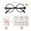 LIHAO Lot de 50pcs Accessoires en Thème Harry Potter,12 Lunettes Rondes de Magie Noire pas de Lentills avec Tatouages à Éclai