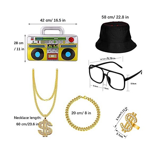 Smartooll Kit De Costume De Hip Hop, 6 Pcs Accessoires De Rappeur, Accessoires De Hip Hop, Kit De Déguisement Hip Hop, Or Bag