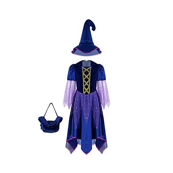 ranrann Déguisement Sorcière Fille Enfant Robe avec Accessoires Halloween Chapeau de Sorcière Sac à Bonbons Baguette Magique 