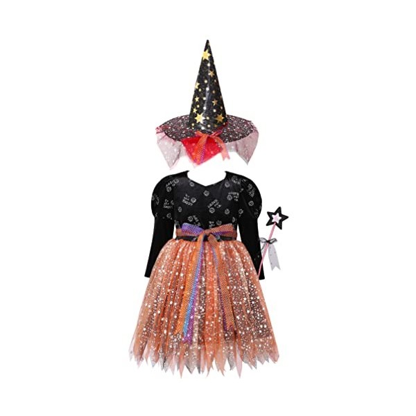 ranrann Déguisement Sorcière Fille Enfant Robe avec Accessoires Halloween Chapeau de Sorcière Sac à Bonbons Baguette Magique 