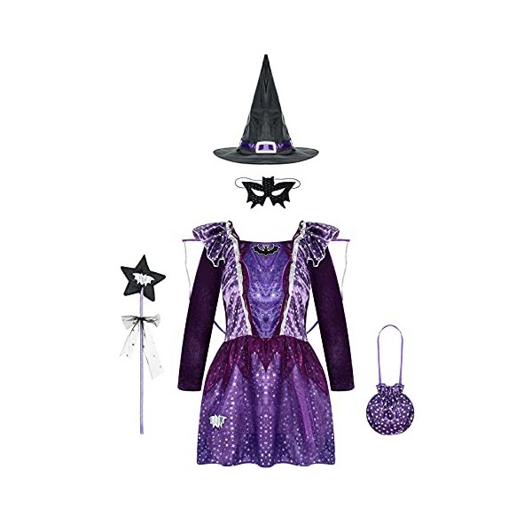 ranrann Déguisement Sorcière Fille Enfant Robe avec Accessoires Halloween Chapeau de Sorcière Sac à Bonbons Baguette Magique 