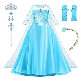 AOOWU Elsa Déguisement, Robe Princesse Fille, Robe Enfant de Princesse avec Accessoires de Baguette Magique Princesse Couronn