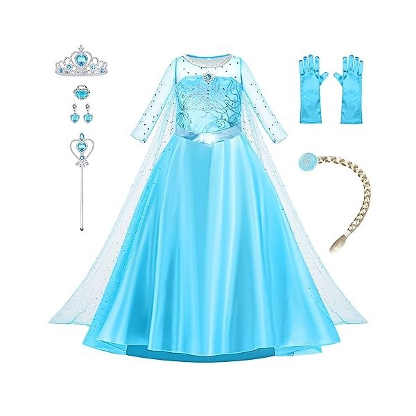 AOOWU Elsa Déguisement, Robe Princesse Fille, Robe Enfant de Princesse avec Accessoires de Baguette Magique Princesse Couronn