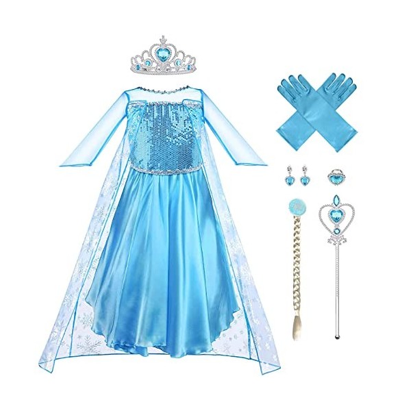 Vicloon Robe Princesse Elsa,5PCS Robe de Princesse Reine des Neiges pour Cosplay Mariage Carnaval Fête danniversaire - avec 