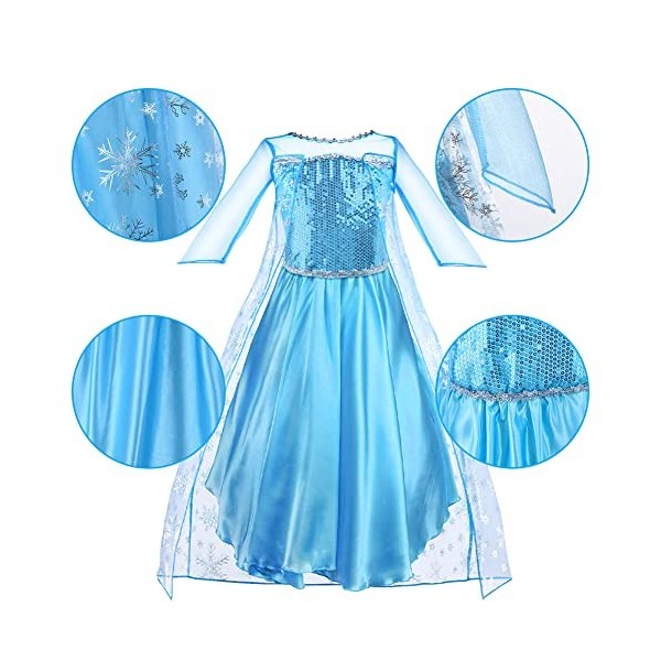 Vicloon Robe Princesse Elsa,5PCS Robe de Princesse Reine des Neiges pour Cosplay Mariage Carnaval Fête danniversaire - avec 