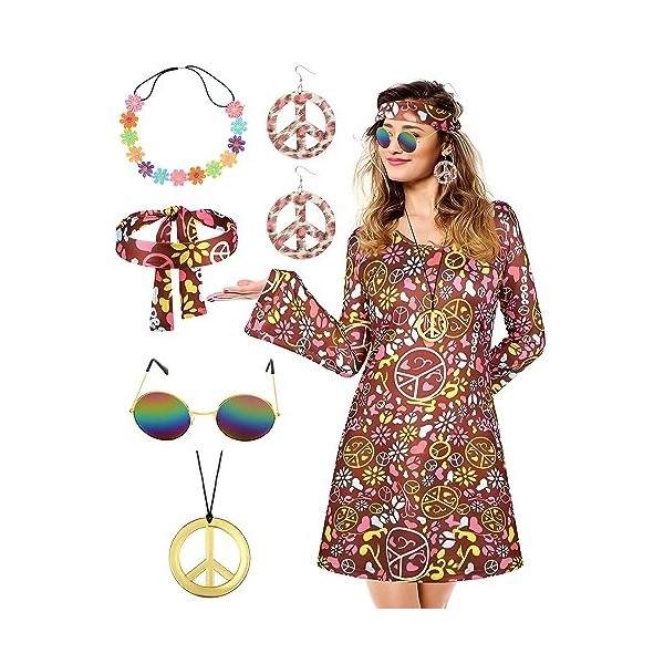 BIQIQI Costume Hippie des Années 70 pour Femme avec Accessoires, Tenue Discothèque, Deguisement Hippie Femme, Costume des Ann