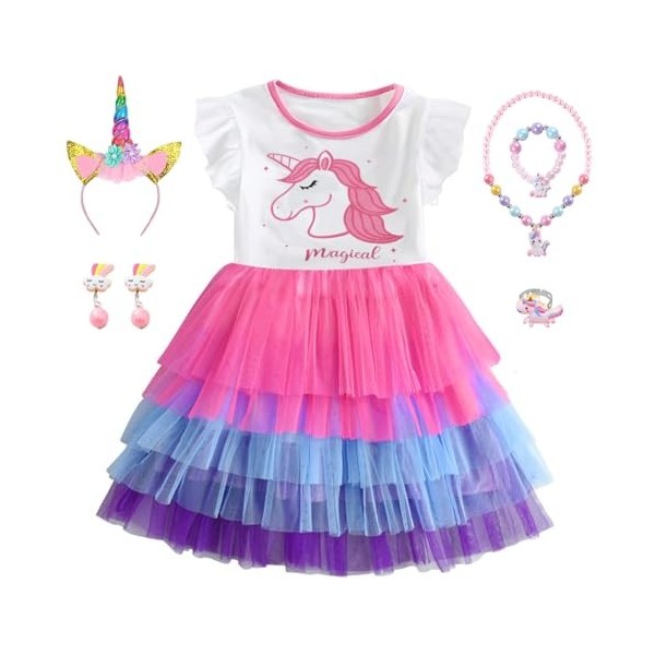 YYDSXK Robe Princesse Fille, Deguisement Licorne avec Accessoires, Robe Licorne Enfant Fille Déguisement de Princesse pour No