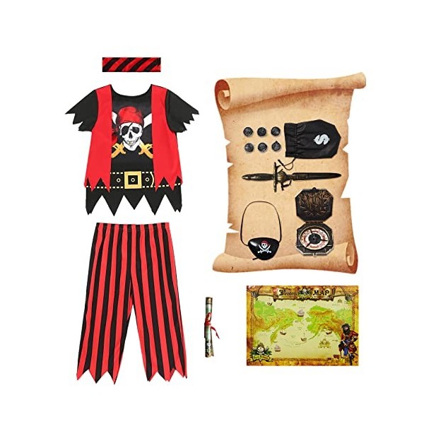 Kitimi Déguisement Costume Pirate Enfants Accessoires Pirate Capitaine Garçon avec Cache-Oeil Compass Bandana Bourse Boucle d