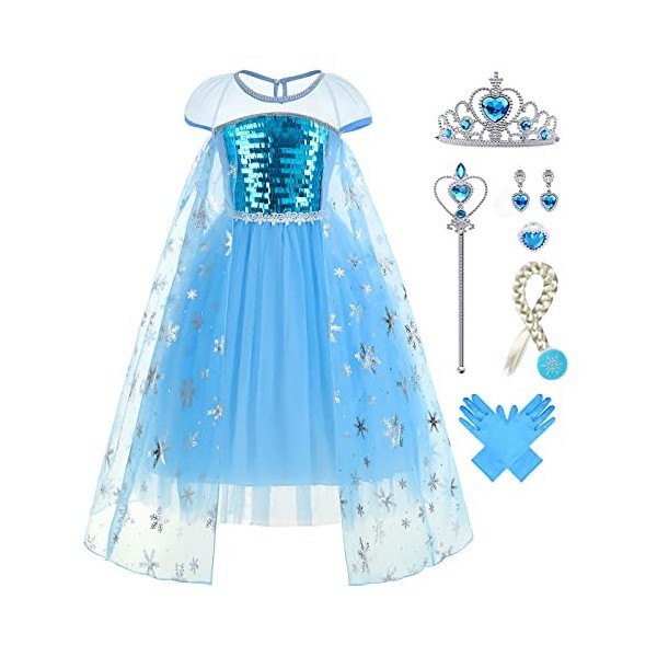 Foierp Elsa Robe Princesse Fille - Costume Princesse Elsa Enfant Deguisement avec Accessoires pour Halloween Cosplay Fête Da