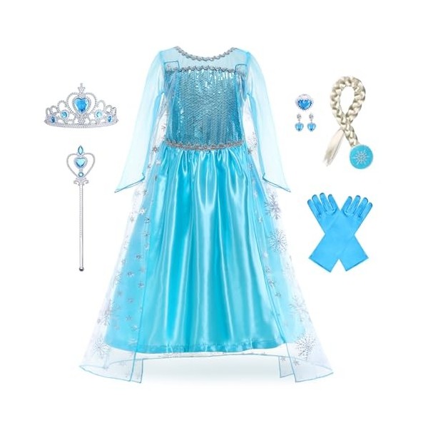 Foierp Elsa Robe Princesse Fille - Costume Princesse Elsa Enfant Deguisement avec Accessoires pour Halloween Cosplay Fête Da