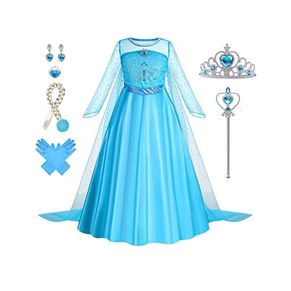 Foierp Elsa Robe Princesse Fille - Costume Princesse Elsa Enfant Deguisement avec Accessoires pour Halloween Cosplay Fête Da