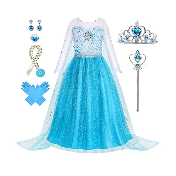 Foierp Elsa Robe Princesse Fille - Costume Princesse Elsa Enfant Deguisement avec Accessoires pour Halloween Cosplay Fête Da