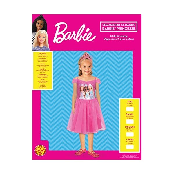 Rubies - Barbie Officiel - Déguisement Classique Barbie Princesse pour Enfants - Taille 2-3 ans -Robe Tutu Rose avec Top Impr