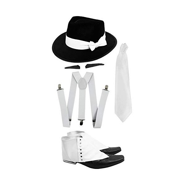 SÉRIE DE GANGSTER POUR ADULTES KIT DACCESSOIRES POUR DÉGUISEMENTS - BRETELLES BLANCHES + CRAVATE BLANCHE + MOUSTACHE SPIV + 