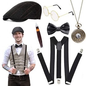 Gohytal 1920 Années 20 Accessoires Gatsby Costume Set,Années 1920 Hommes Déguisements Accessoires,Chapeau,Bretelles à Dos en 