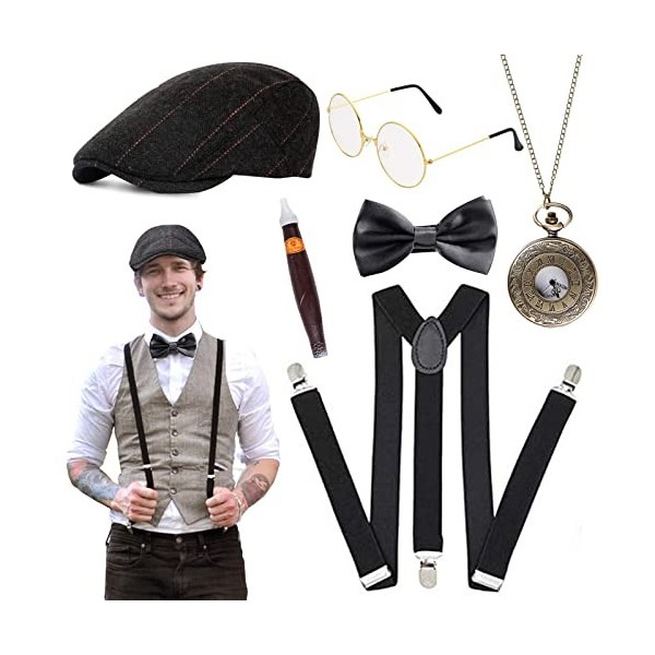 Gohytal 1920 Années 20 Accessoires Gatsby Costume Set,Années 1920 Hommes Déguisements Accessoires,Chapeau,Bretelles à Dos en 