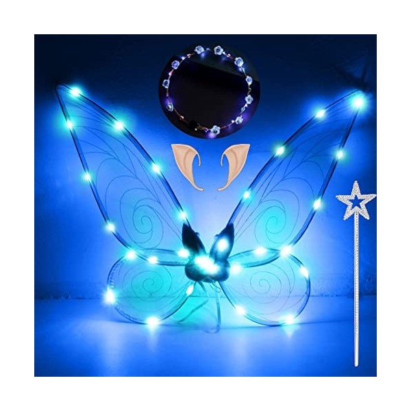 Ailes de Fée Lumineuses à Led, Ailes de Papillon Avec Oreilles dElfe, Bandeau de Fée à Led Et Baguettes de Fée Étoile, Ailes