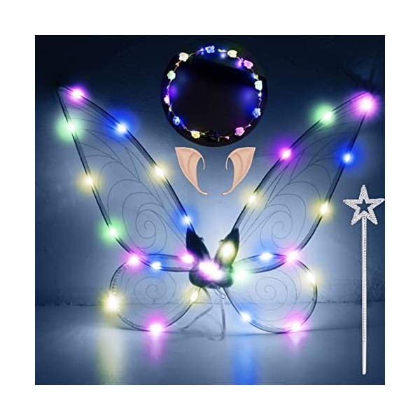 Ailes de Fée Lumineuses à Led, Ailes de Papillon Avec Oreilles dElfe, Bandeau de Fée à Led Et Baguettes de Fée Étoile, Ailes