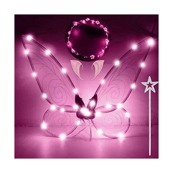 Ailes de Fée Lumineuses à Led, Ailes de Papillon Avec Oreilles dElfe, Bandeau de Fée à Led Et Baguettes de Fée Étoile, Ailes