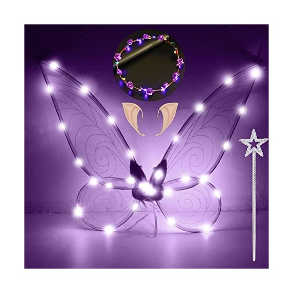 Ailes de Fée Lumineuses à Led, Ailes de Papillon Avec Oreilles dElfe, Bandeau de Fée à Led Et Baguettes de Fée Étoile, Ailes