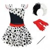 IWEMEK Enfants Filles Cruella Costume 101 Dalmatien Déguisements Cruella De Vil Robe Manteau + Accessoires Halloween Carnaval