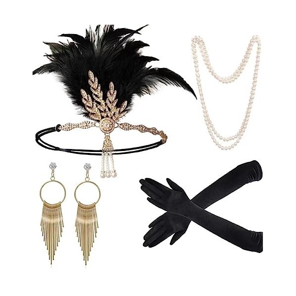 Gatsby des années 1920 pour femmes, même maquillage, bandeau en plumes, rétro, boule, boucles d'oreilles, gants, accessoires de collier  200000532