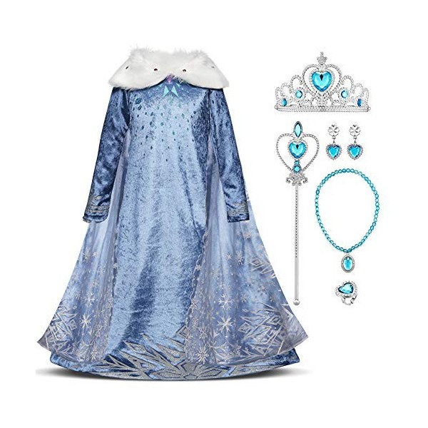Petites Fille Déguisement Princesse Elsa Manches Longues Robe Princesse Reine des Neiges et Accessoires Tenue de Partie Cérém