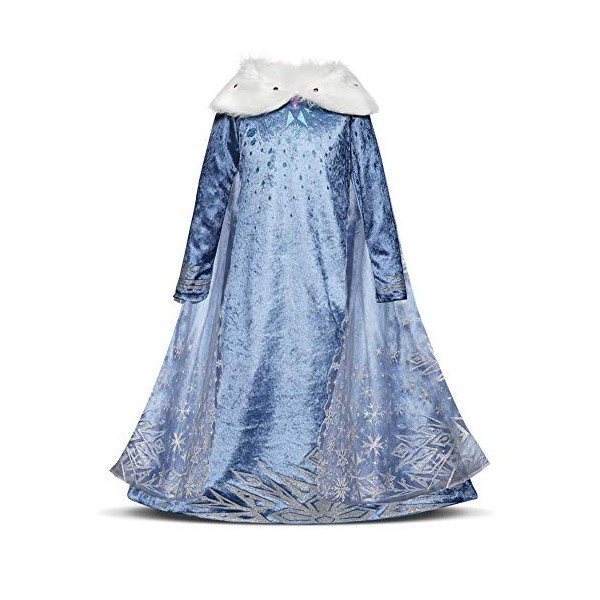 Petites Fille Déguisement Princesse Elsa Manches Longues Robe Princesse Reine des Neiges et Accessoires Tenue de Partie Cérém