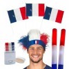 Kit Supporter France Allez les Bleus - 7 Accessoires, 1 Coiffe Chevelue, 1 Maquillage à bande Bleu Blanc Rouge, 3 Drapeaux Fr