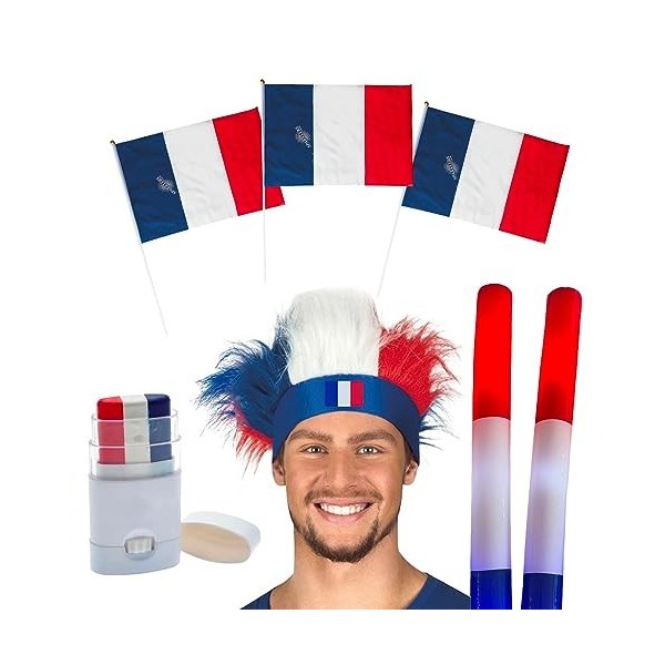 Kit Supporter France Allez les Bleus - 7 Accessoires, 1 Coiffe Chevelue, 1 Maquillage à bande Bleu Blanc Rouge, 3 Drapeaux Fr