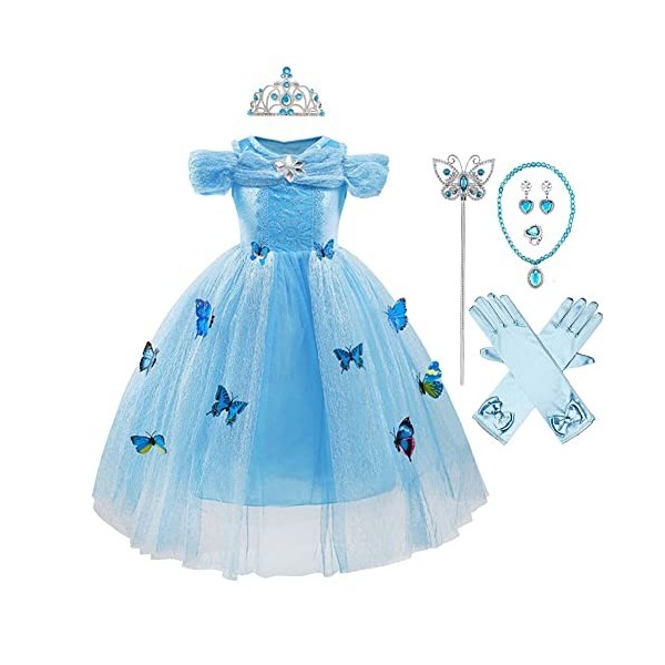 MYRISAM Robe de Cendrillon avec Accessoires Papillon Déguisements Filles Princesse Costume de Carnaval Halloween Cosplay Noël