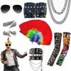 Echehi Deguisement Annee 80 Rock Star Kit 11Pcs Accessoire annee 80 90 Avec Perruque Iroquois Chaîne Collier Lunettes De Sole