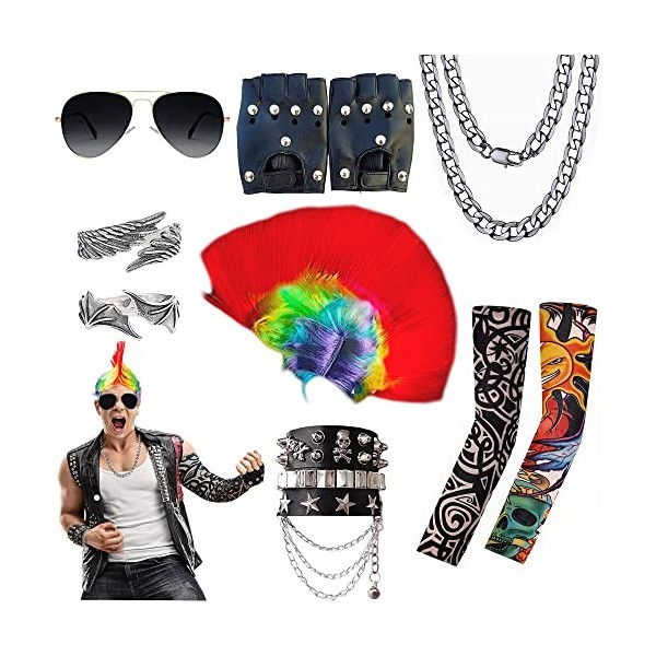 Echehi Deguisement Annee 80 Rock Star Kit 11Pcs Accessoire annee 80 90 Avec Perruque Iroquois Chaîne Collier Lunettes De Sole