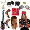 Deguisement Annee 80 Rock Star Kit 10Pcs Accessoire annee 80 90 Avec Perruque Guitare Collier Lunettes De Soleil Gants Tatoua