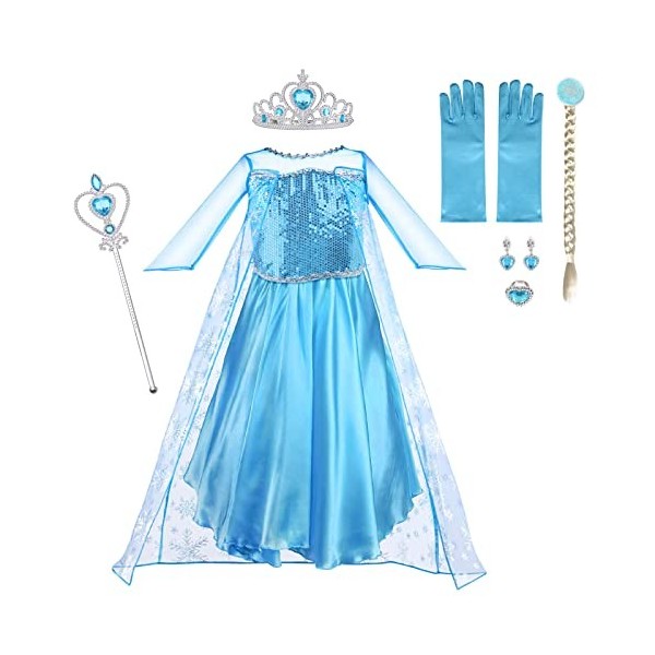 Vicloon Elsa Déguisement,5pcs Robe Princesse Elsa Deguisement Elsa Reine des Neiges avec Accessoires de Baguette Magique Prin