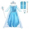 Vicloon Elsa Déguisement,5pcs Robe Princesse Elsa Deguisement Elsa Reine des Neiges avec Accessoires de Baguette Magique Prin