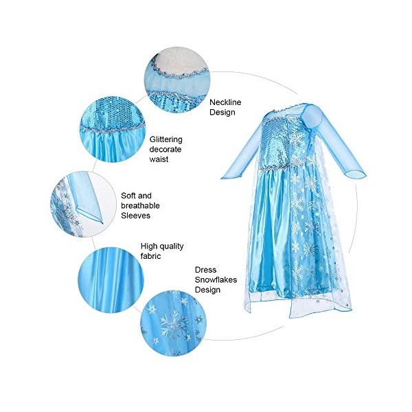 Vicloon Elsa Déguisement,5pcs Robe Princesse Elsa Deguisement Elsa Reine des Neiges avec Accessoires de Baguette Magique Prin