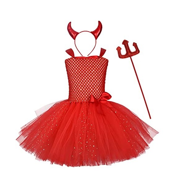 IWEMEK Bébé Enfants Filles Diable Déguisement Tricotée Tutu Robe + Corne Bandeau + Trident Accessoires Carnaval Halloween Cos