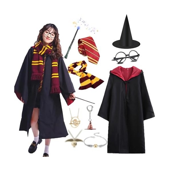 JMOCD Costume de Magicien Adulte Enfant, Ensemble de Halloween Deguisement Cape avec Lunettes, Baguette Magique Lumineuse, Éc