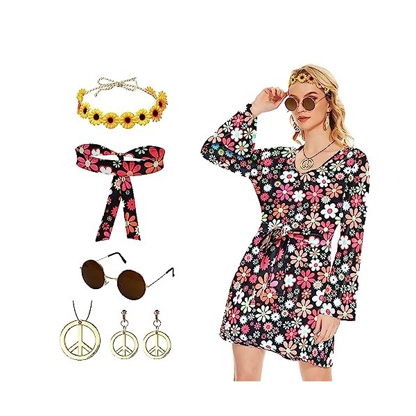 ERFGT 6 Pièces Déguisement Hippie Femme, Costume Hippie Femme Annees 60-70, avec Bandeau, Collier, Boucles dOreilles et Lune