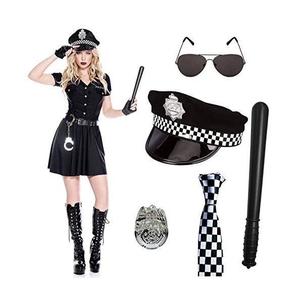 Ensemble Daccessoires de Déguisement de Police 6 Pièces pour Fête Costumée Avec Chapeau de Police Adulte, Badge, Cravate, Jo