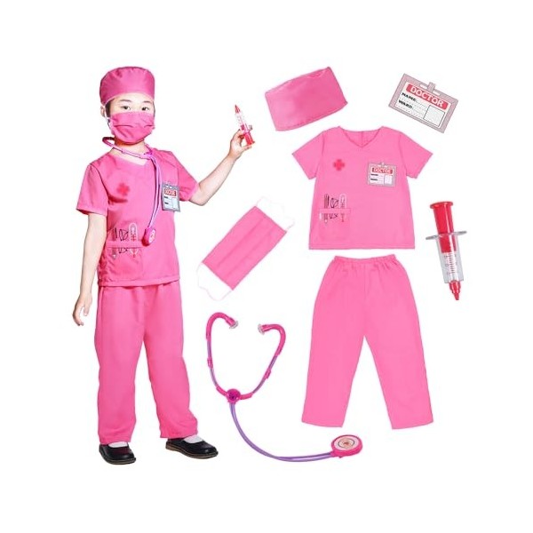 Wbesty Kids Scrubs pour filles Costume de médecin pour enfants Kit de jeu 7pcs avec costume et accessoires pour les fêtes dH