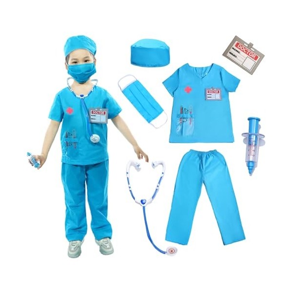 Wbesty Kids Scrubs pour filles Costume de médecin pour enfants Kit de jeu 7pcs avec costume et accessoires pour les fêtes dH