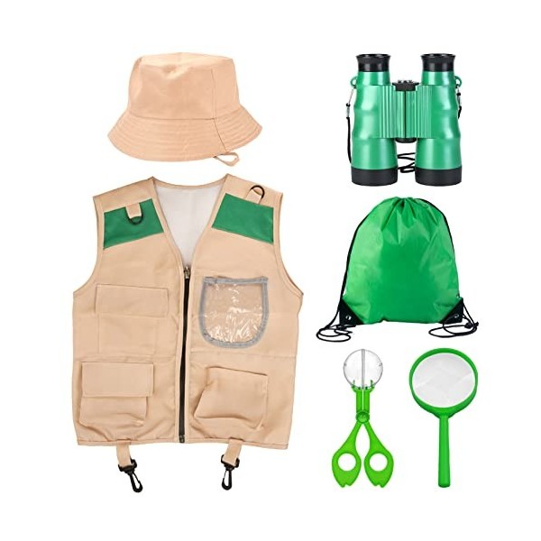 Amycute Kit Exploration Jumelles Enfant Gilet Chapeau Safari Loupe Clips à Insectes Jeux Plein Air Déguisement Kit Jardinier 