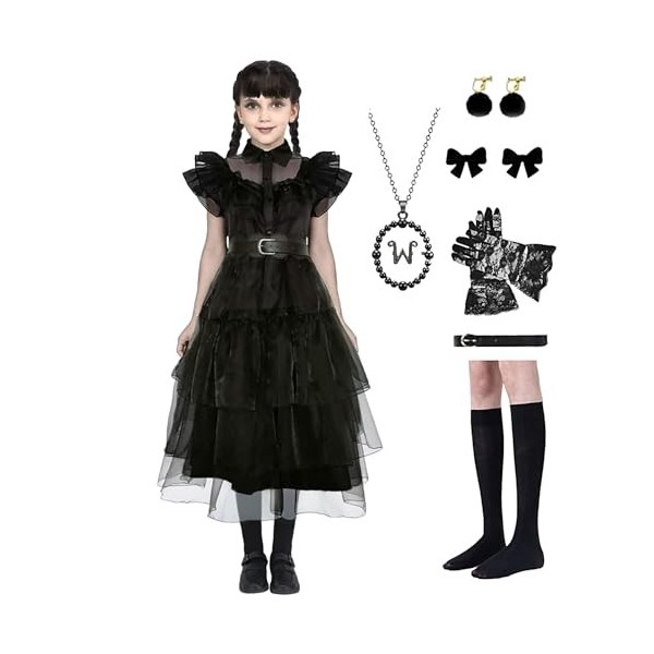 Rrichmaan Déguisement Mercredi Addams Enfant Tenue De Fête DHalloween Pour Cosplay De La Famille Addams Dress Avec Accessoir